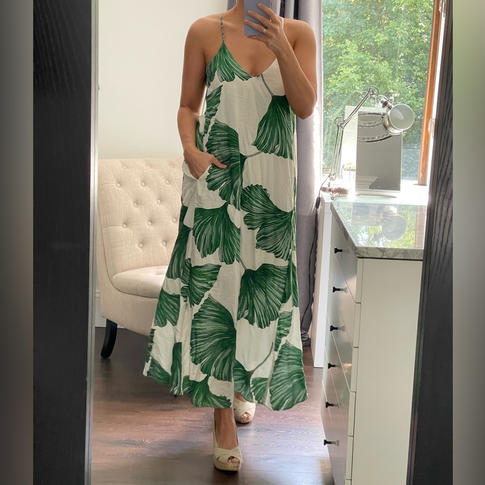 New! Leaf Print Maxi Woman’s Dress, Thin Straps and Shimmering Fabric size M